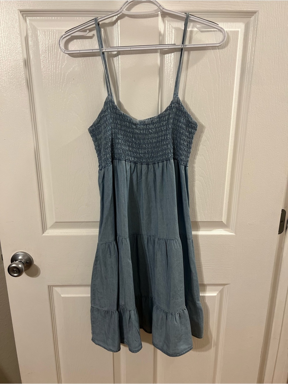 Smocked Bodice Spaghetti Strap Mini Dress in Light Blue